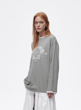 AVVENN设计师款蕾丝贴布绣花落肩袖宽松慵懒T恤AL11001522