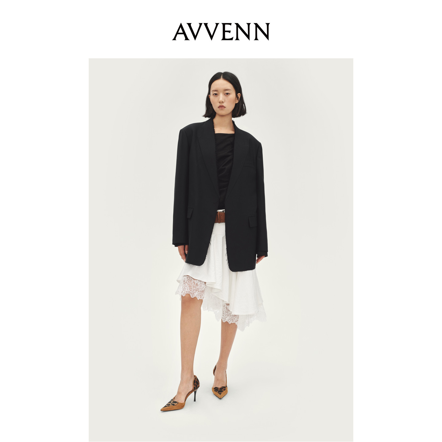 AVVENN配腰带拼接蕾丝露花边皮质感半身裙时髦随性感AL91503783