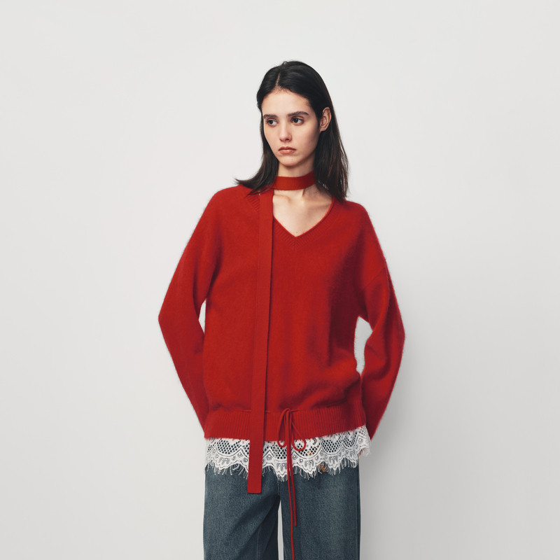 AVVENN蕾丝花边拼接配围脖针织毛衫AK10601663