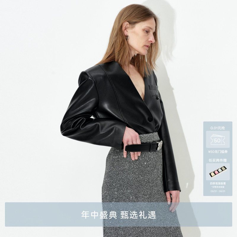 AVVENN内置垫肩无领PU西装外套AM70101810