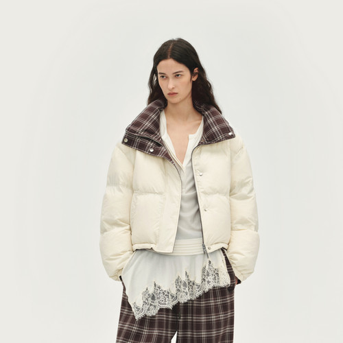 AVVENN正反两穿格纹双绗线设计抽绳下摆羽绒服AL90501561