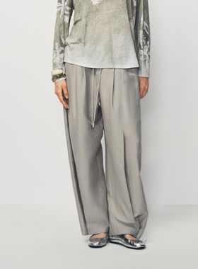 AVVENN双调节裤绳春日亚麻混纺肌理长裤造型感AK11301741