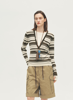 AVVENN设计师款假两件渐变条纹深V领套头羊毛衫AL70601638