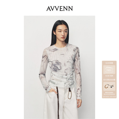 AVVENN101系列复古印花修身高弹网纱打底长袖上衣AL10802572