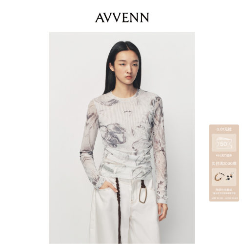AVVENN101系列复古印花修身高弹网纱打底长袖上衣AL10802572