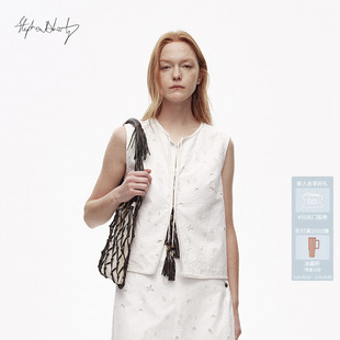 AVVENN×艺术家联名绣花拼接流苏串珠醋酸斜纹马夹AL30701712