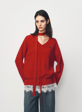 AVVENN蕾丝花边拼接配围脖针织毛衫AK10601663