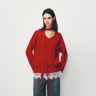 AVVENN蕾丝花边拼接配围脖针织毛衫AK10601663