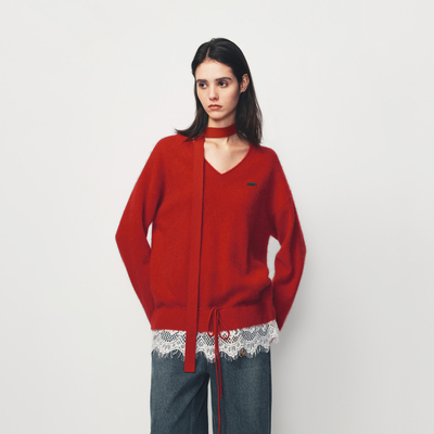 AVVENN蕾丝花边拼接配围脖针织毛衫AK10601663