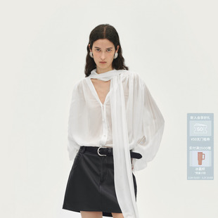 AVVENN902胶囊系列V领袖 女AL90902722 口羽毛飘带衬衫