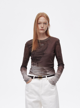 AVVENN101系列复古油画感印花磨砂渐变长袖网纱衣AL10801568