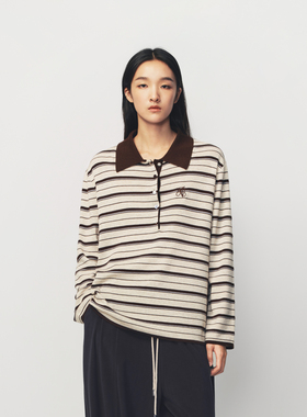 AVVENN条纹结构撞色门襟设计多色扣针织衫AK10601653