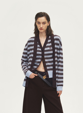 AVVENN设计师款复古经典V领条纹撞色毛衣开衫AL72802584