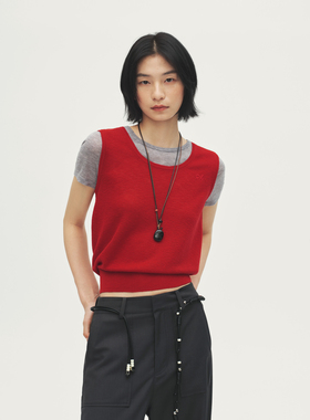 AVVENN2025夏季拼色假两件套头圆领舒适干爽针织短袖AL30601514