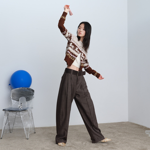 【小竹马胶囊】AVVENN细格捏褶皱直筒长裤配宽腰带AK11301746