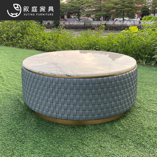 室内客厅轻奢圆形大小茶几户外花园庭院外摆大理石编织茶桌台组合