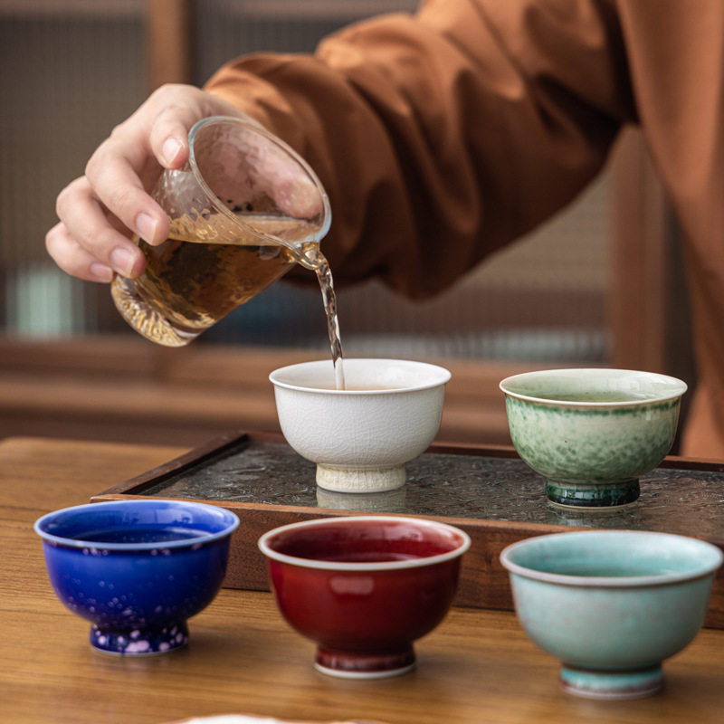 高温颜色釉茶杯五福套装品茗杯主人杯家用茶器茶具窑变开片可养