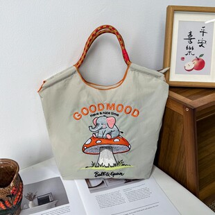 升级拉链款 旅行袋刺绣包尼龙帆布斜挎女 日韩环保购物袋高圆圆同款