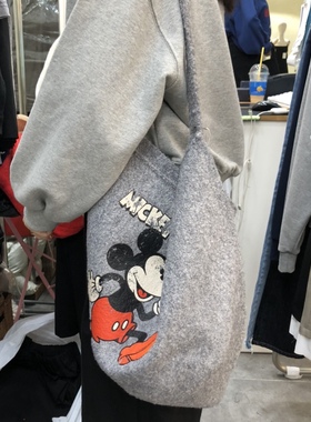 韩国东大门羊羔毛绒手提包女米奇老鼠卡通印花毛呢单肩斜挎托特包