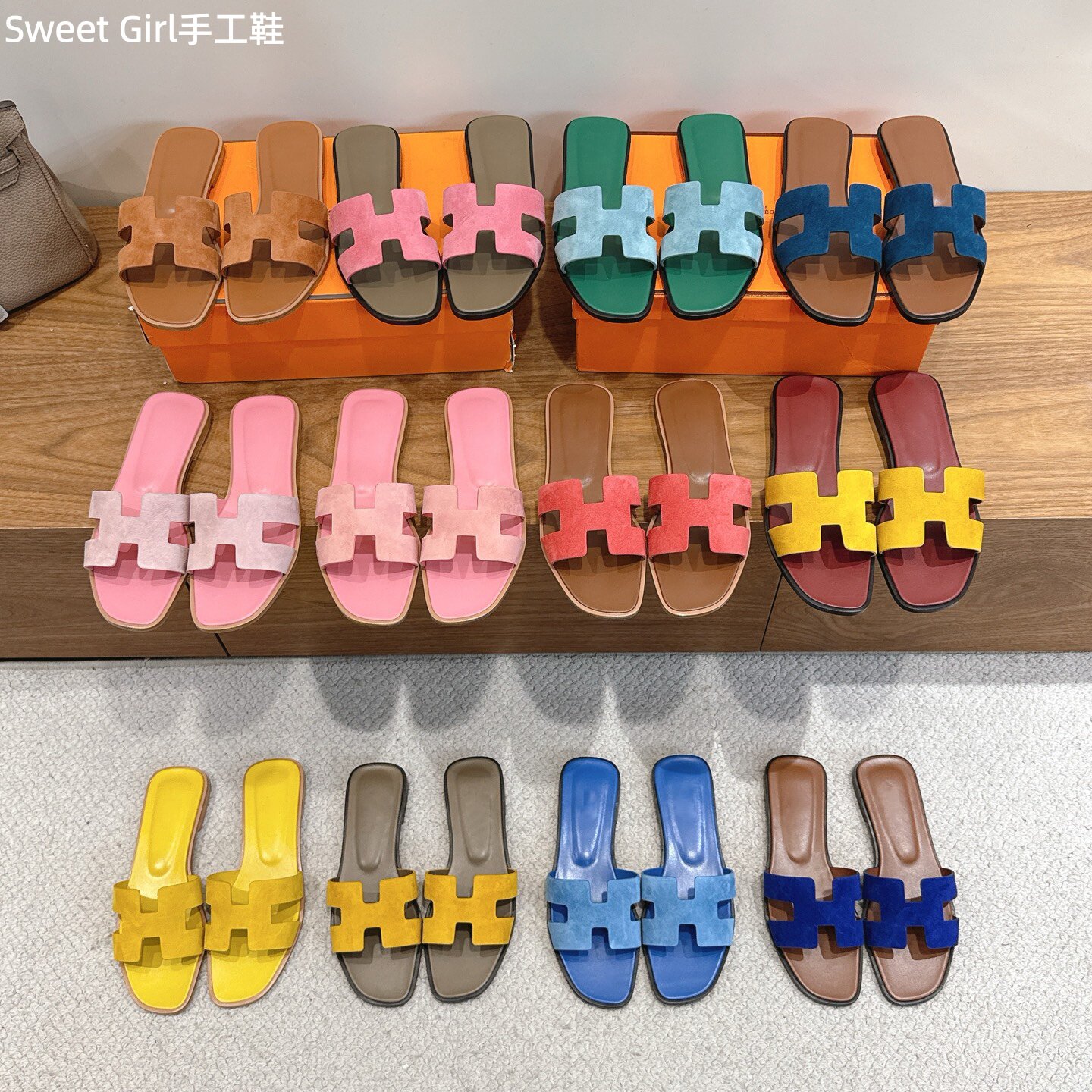 手工鞋法式羊反绒女拖鞋水钻一字拖平底真皮凉拖外穿夏季沙滩鞋