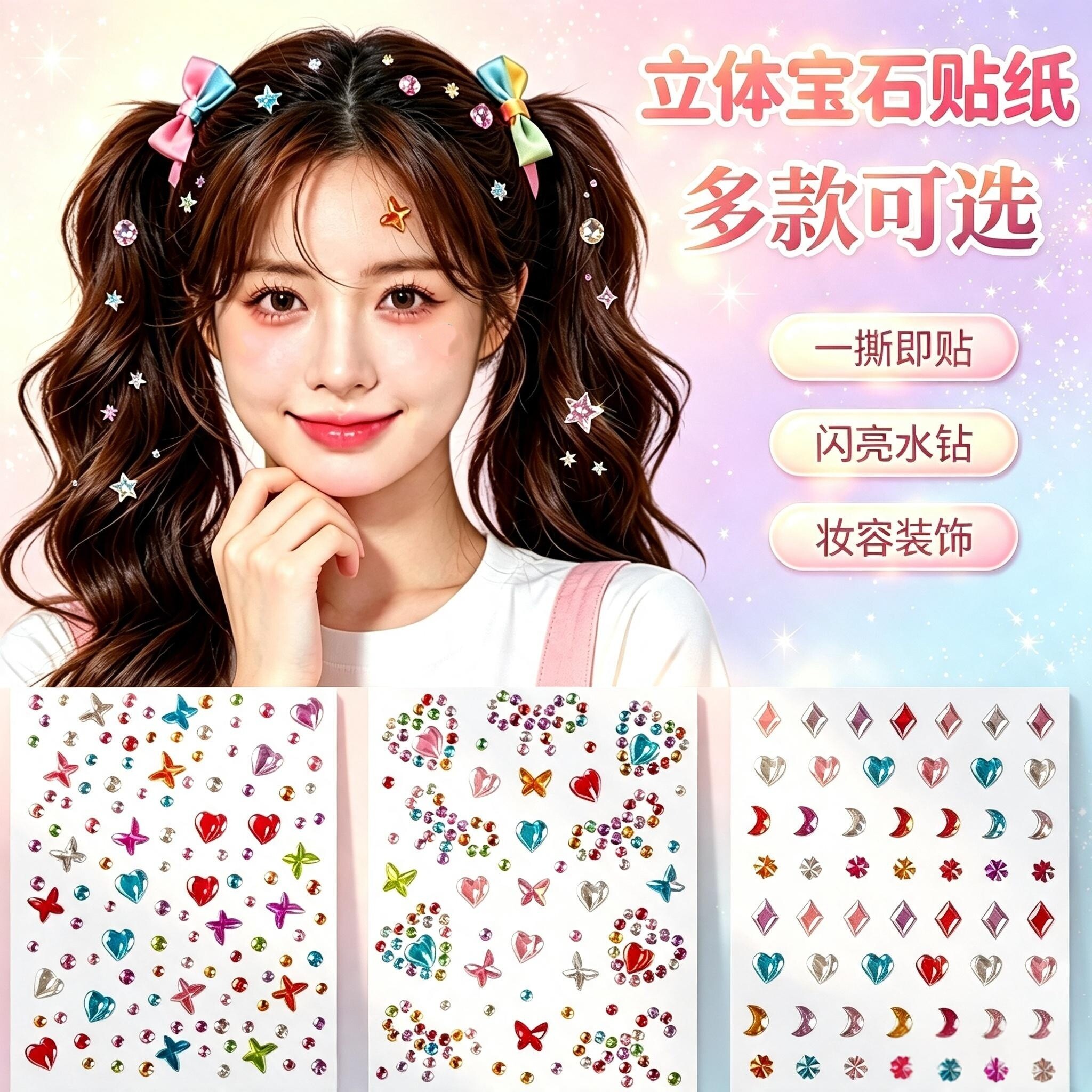 儿童宝石贴纸古风钻贴汉服眉心花钿贴纸生日妆容贴幼儿园儿童手工