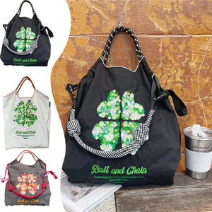 9月新款日系ball chain四叶草刺绣购物袋小众通勤大容量单肩包潮