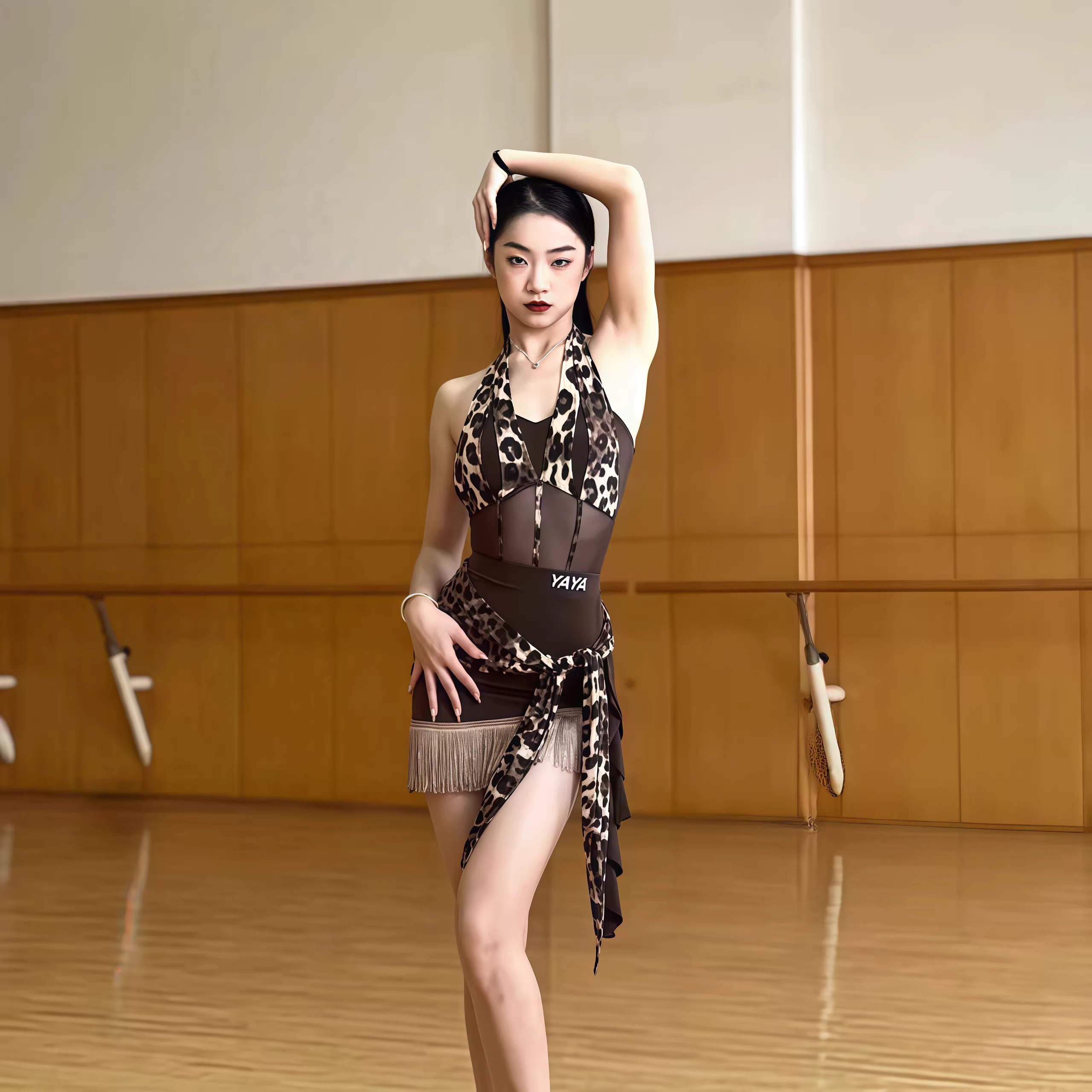 成人女拉丁豹纹高级感吊带流苏裙