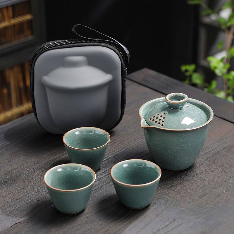 藏青哥窑旅行茶具套装露营泡茶便携包快客杯一壶三杯功夫茶具茶杯
