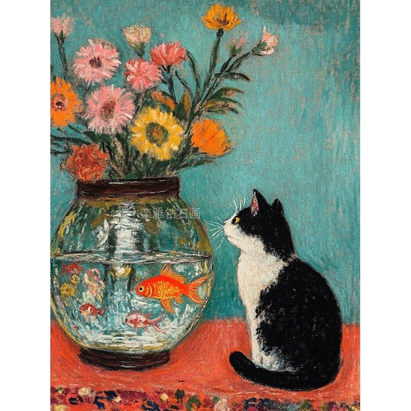 DIY方钻满钻粘贴钻钻石画钻石绣黑白色猫咪盯着T鱼花卉缸里的金鱼,居家布艺,钻石绣,淘宝优惠券,粉丝福利购,淘宝优惠卷