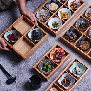 九宫格托盘餐具木盒分隔盘子碟子B家用菜碟子精致甜点竹编火锅菜