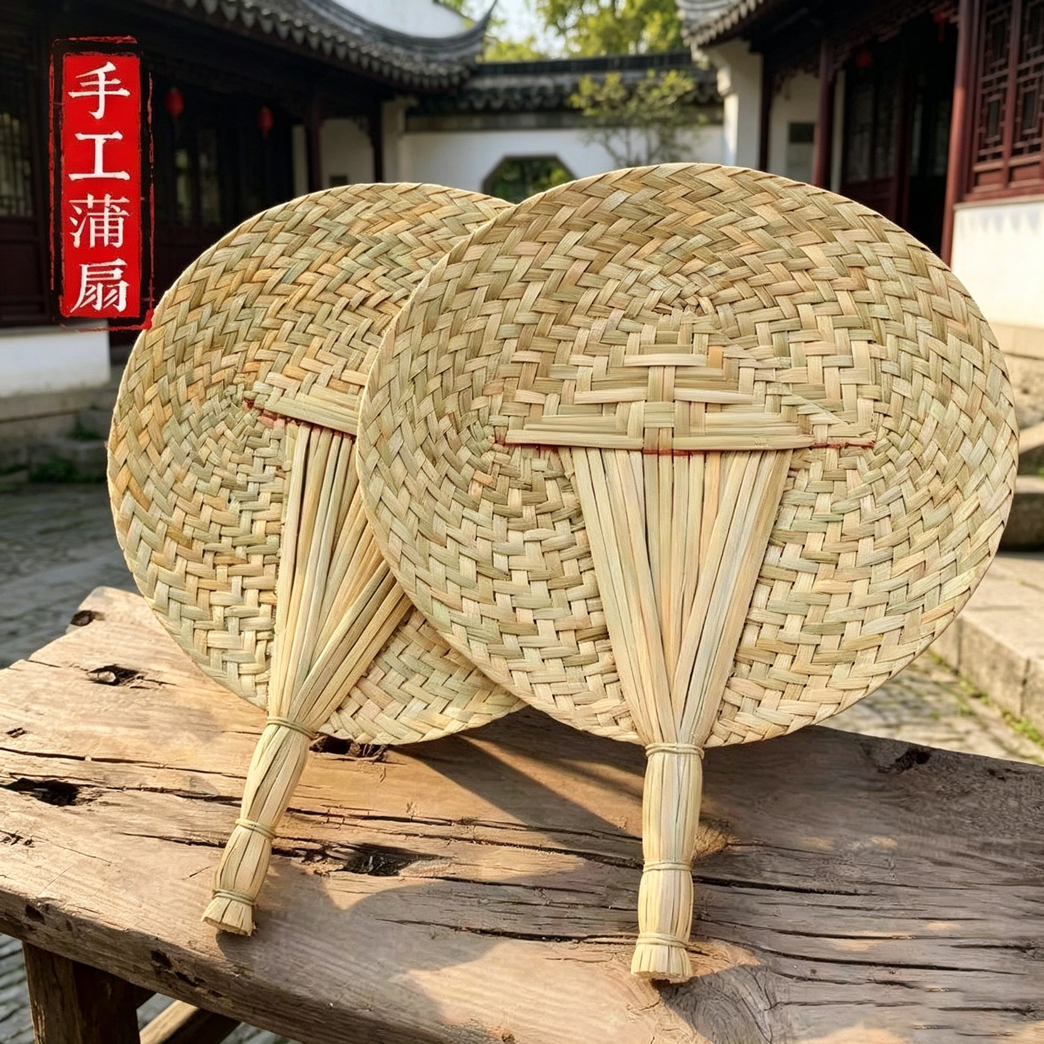 纯手工编织蒲草粽叶扇夏季