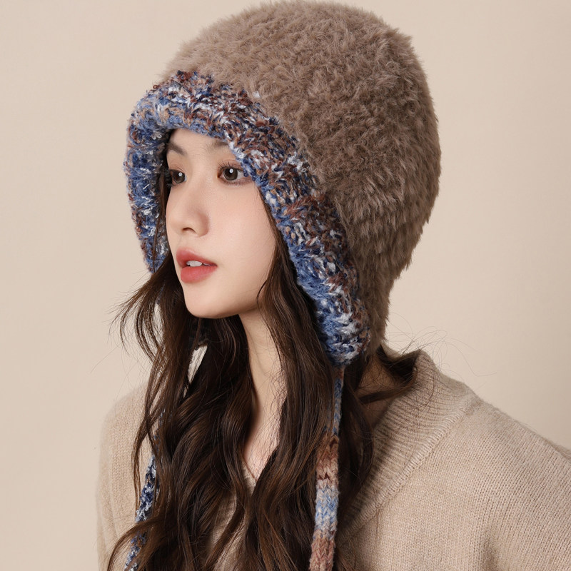 手工大头围毛绒针织帽子女2025新款秋冬加厚保暖防寒显脸小毛线帽