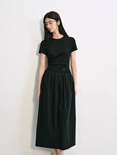 欧家2639圆领腰部褶皱长裙通勤连衣裙