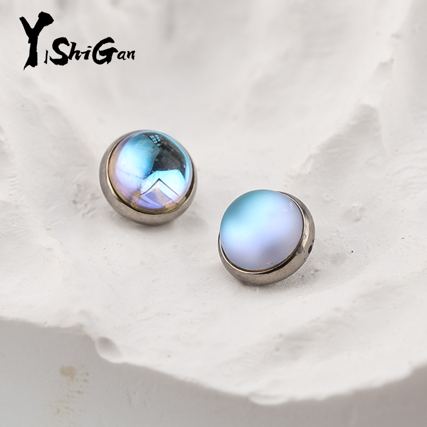 钛合金平面月光石个性冷淡风耳饰