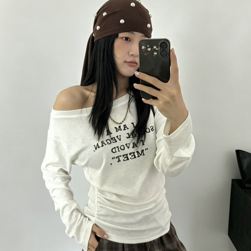 meet up studio-印花高弹面料下摆压褶显瘦斜肩长袖T长袖T恤7196