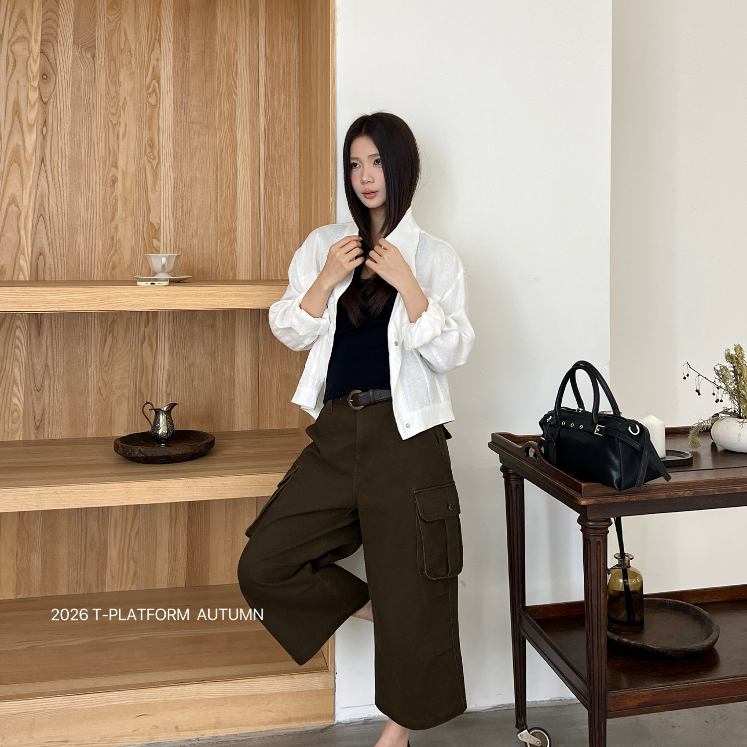 T-PLATFORM-袋七分裤小个子女秋高腰直筒显瘦休闲裤(配皮带)26159