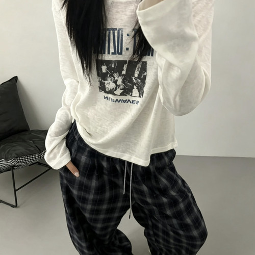 meet up studio-搭复古字母人物印花软棉面料包容性强长袖T恤2717