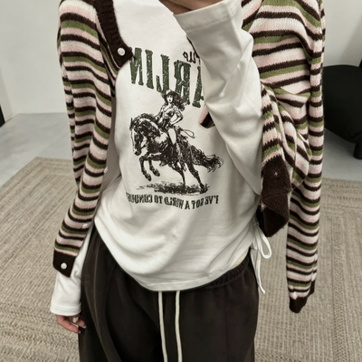 meet up studio-面料侧抽绳奔腾马字母印花高弹长袖T长袖T恤7257