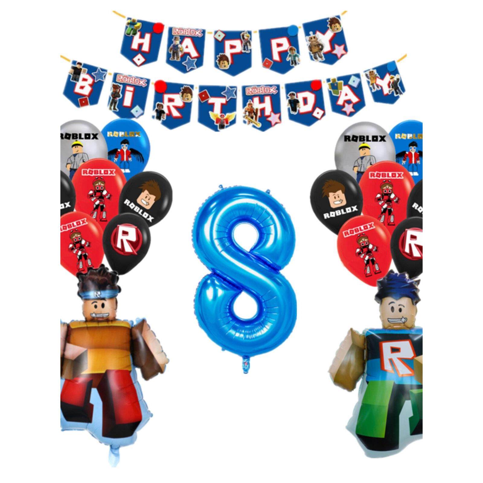 Roblox游戏形状铝膜气球儿童男孩的生日派对装饰字母旗蓝色数字集