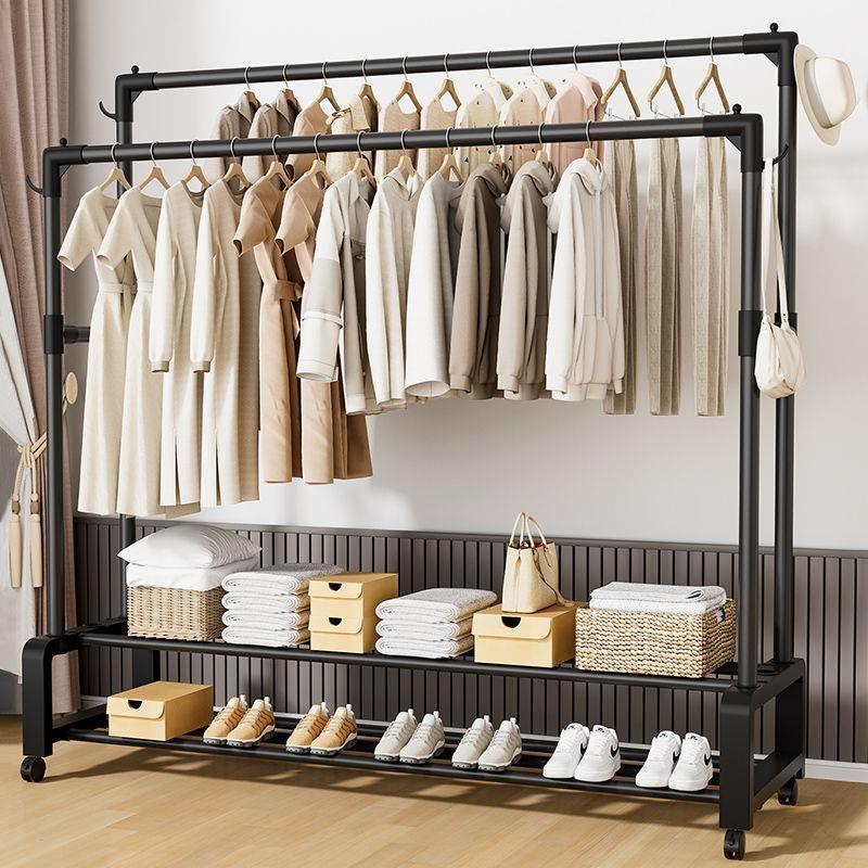 家用落地晾衣架加固卧室双杆加厚衣架落地立式可移动收纳衣帽架子