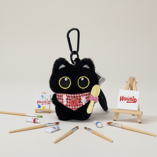 日本HOUSID正版干饭红围兜大眼黑猫包挂件呆萌毛绒玩偶钥匙扣礼物