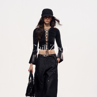 CHILL ZOEY 雾散星河绑带上衣辣妹风长袖新款镂空显瘦修身短款T恤