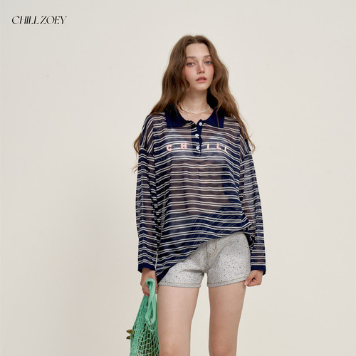 CHILL ZOEY  空谷条纹上衣女2026新款休闲薄透POLO领长袖时尚百搭