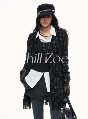 CHILL ZOEY黑岩小香连衣裙外套女秋冬设计感简约气质小众黑色外套