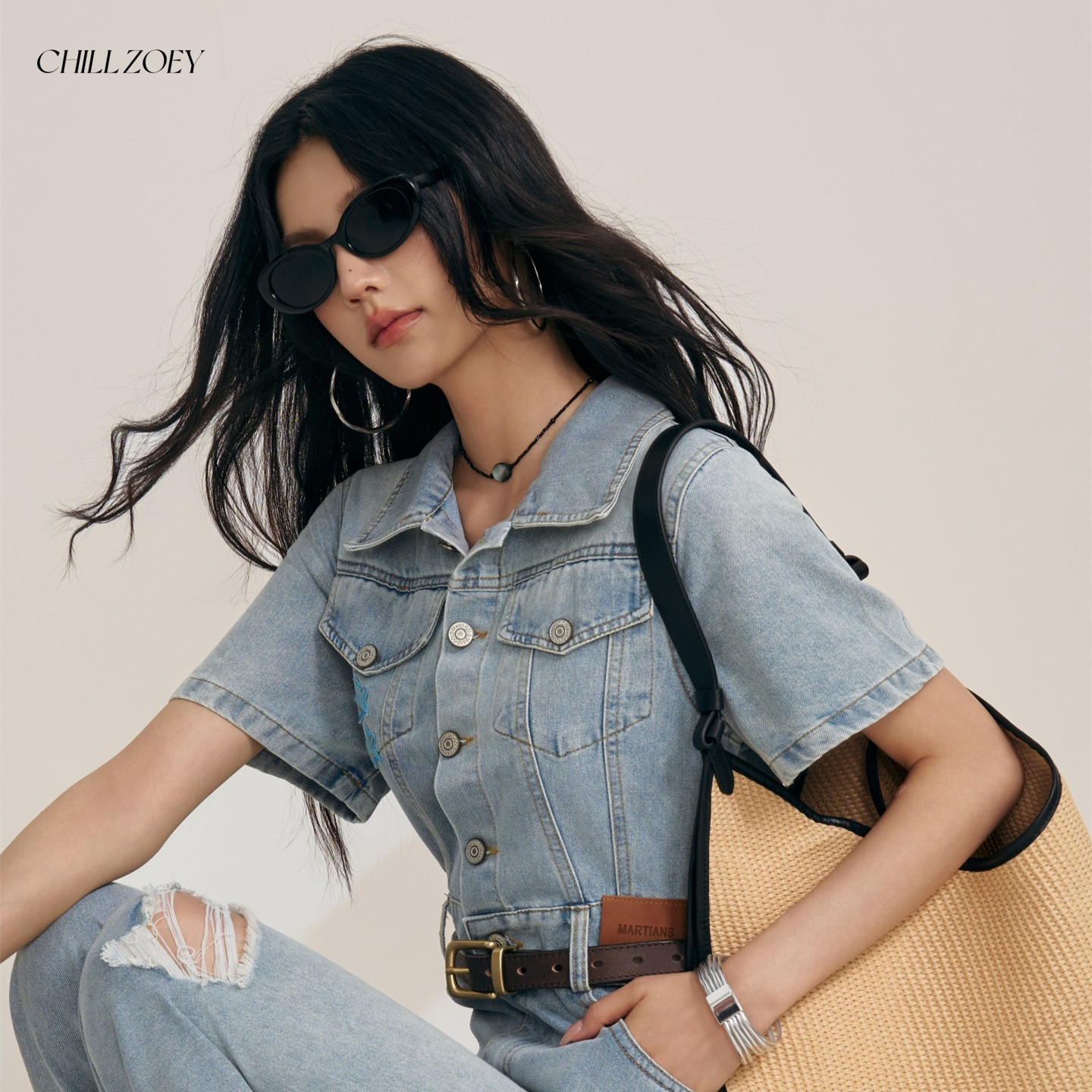 CHILL ZOEY观夏连体牛仔套装蓝色短袖牛仔连衣裤女夏季休闲套装