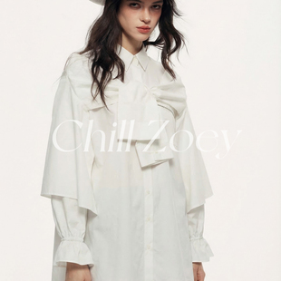 衬衣中长款 设计感白色宽松喇叭袖 上衣 暮云漫披肩衬衫 CHILLZOEY