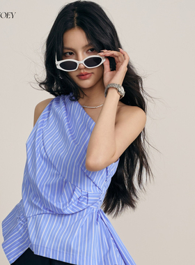 CHILLZOEY三两事不对称斜肩上衣女夏季新款条纹设计感无袖时尚T恤