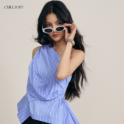 CHILLZOEY三两事不对称斜肩上衣女夏季新款条纹设计感无袖时尚T恤