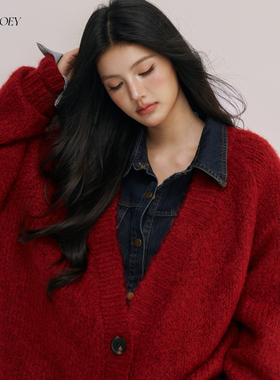 CHILL ZOEY甜月亮红毛衣女秋冬外搭软糯红针织开衫慵懒休闲设计感