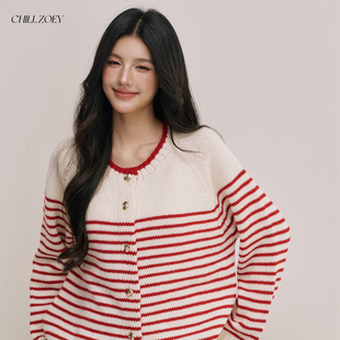 上衣设计感 女秋冬慵懒羊绒圆领针织衫 CHILL ZOEY红莺条纹毛衣长袖